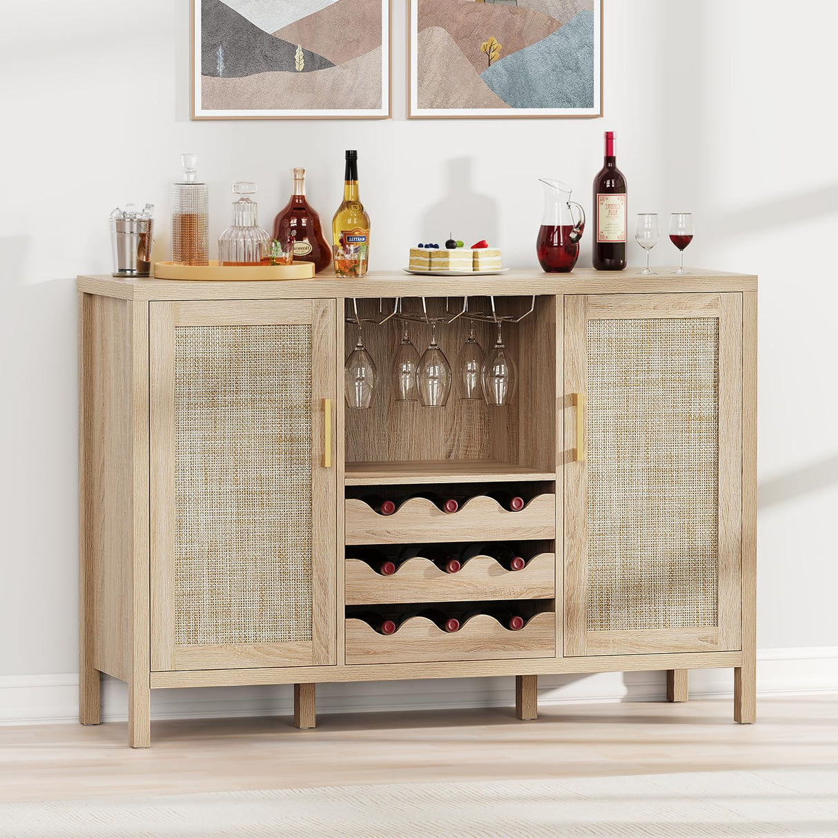 OTUTUMUS Rattan Wine Bar Cabinet, Boho Rattan Home Wine Bar Cabinet with Glass Holder and Drawer Style Wine Racks, Oak Sideboard Buffet Storage Cabinet for Living Dining Room Kitchen OTUTUMUS
