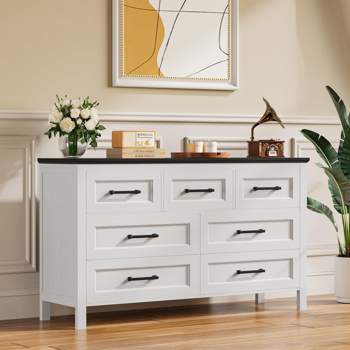 YESHOMY Dresser for Bedroom, Modern 7 Drawer Dresser, Closet Storage Organizer Chest of Drawers for Hallway, Closet, Black & White