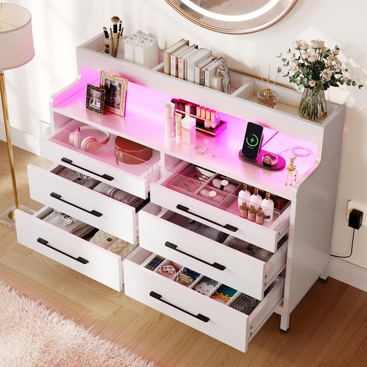 YITAHOME Dressers with LED Lights, 6 Drawer Dressers & Chests of Drawers, Modern Wood Dresser with Open Shelf Storage for Room, Entryway, Hallway, White YITAHOME