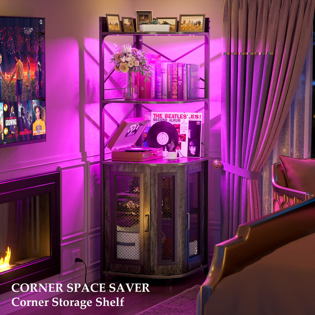 Aheaplus Corner Bar Cabinet with Power Outlet, Industrial Wine Cabinet with LED Strip and Glass Holder, 5-Tiers Liquor Cabinet Bar Unit for Home, Corner Display Cabinet for Small Space, Grey Oak Aheaplus