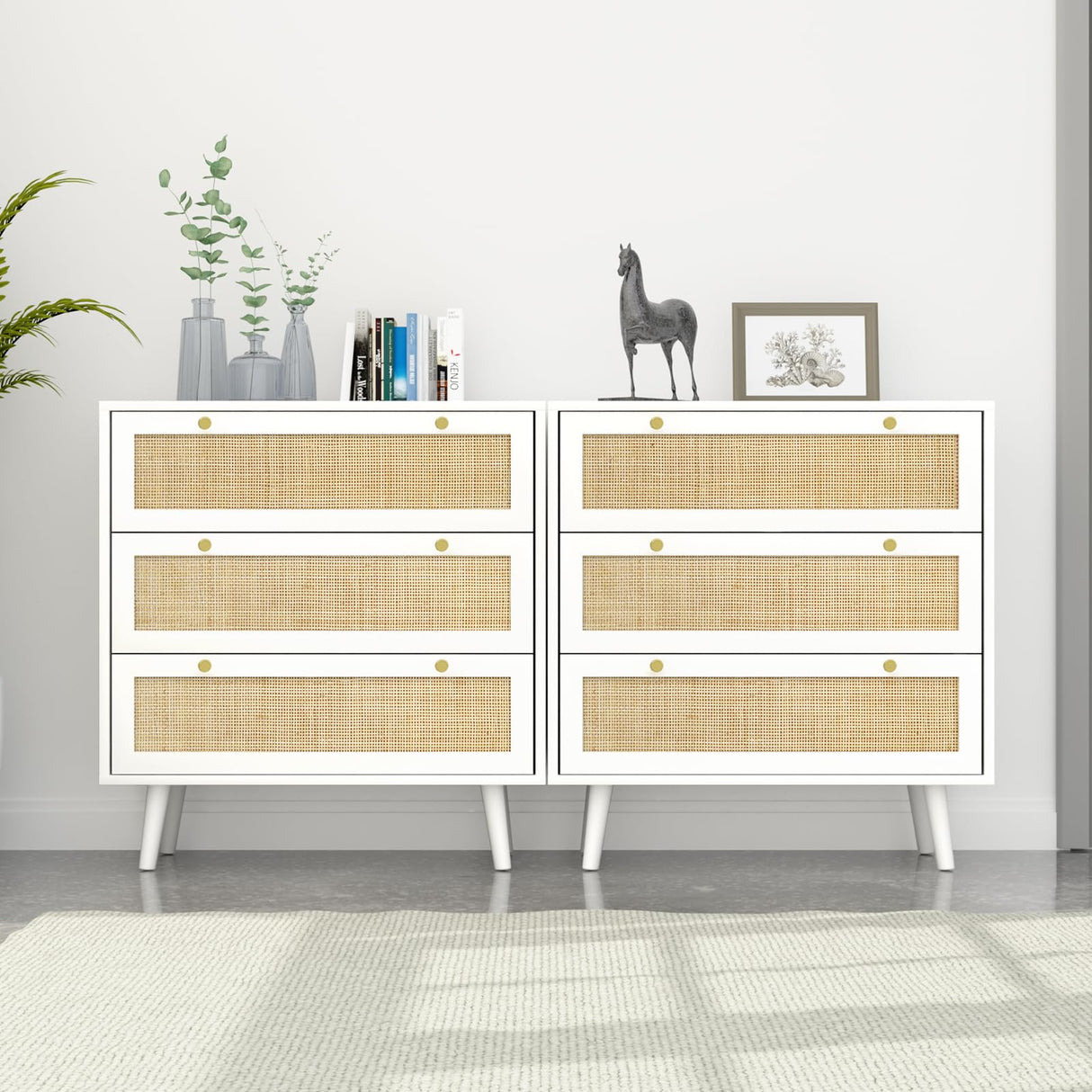 Anmytek Dresser for Bedroom with 3 Drawers, Modern Wood 3 Drawer Dresser, White Chest of Drawer with Spacious Storage Rattan Dresser for Bedroom Living Room H0072 Anmytek