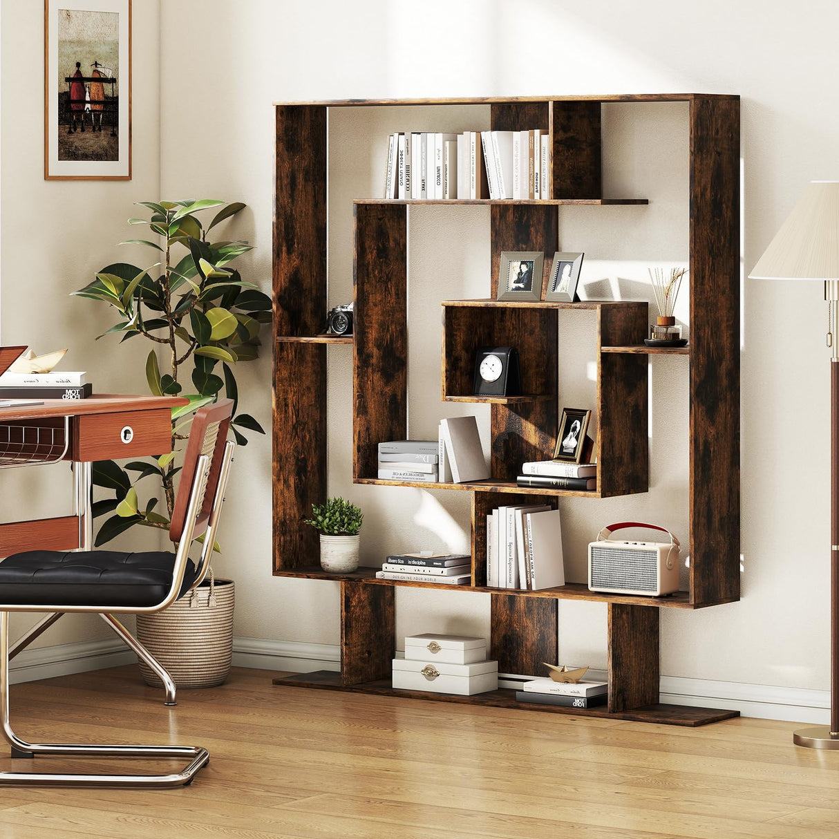 Tangkula Irregular Wooden Bookshelf, Geometric Bookcase w/Open Compartments & 2 Anti-Tip Kits, Decorative Freestanding Display Shelf, Modern Storage Organizer for Living Room, Office (Rustic Brown) Tangkula