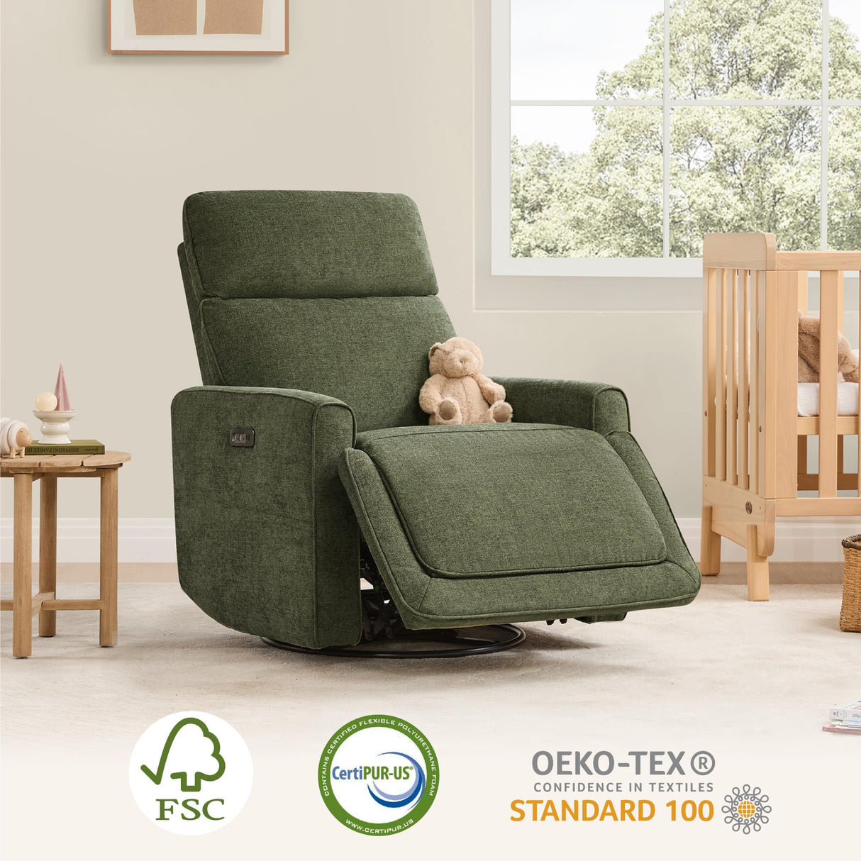 CHITA Electronic Power Recliner Chair Swivel Glider, FSC Certified Modern Nursery Rocking Chair with USB and Type-C Ports, Forest Green CHITA