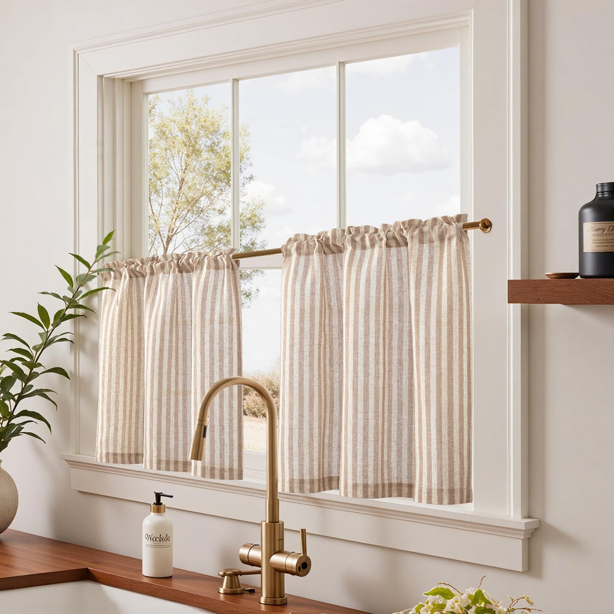 jinchan Striped Linen Kitchen Curtains 24 Inches Length Tier Curtains Farmhouse Modern Cafe Style Small Window Treatments Airy Light Filtering Rod Pocket for Living Room Bathroom 2 Panels Tan jinchan