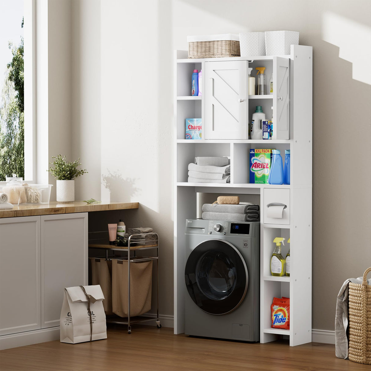 Meilocar Over The Toilet Storage Cabinet, Freestanding Storage Cabinet Over Toilet, Bathroom Storages Organizer Cabinets with Toilet Paper Holder Stand and Adjustable Shelf, White Meilocar