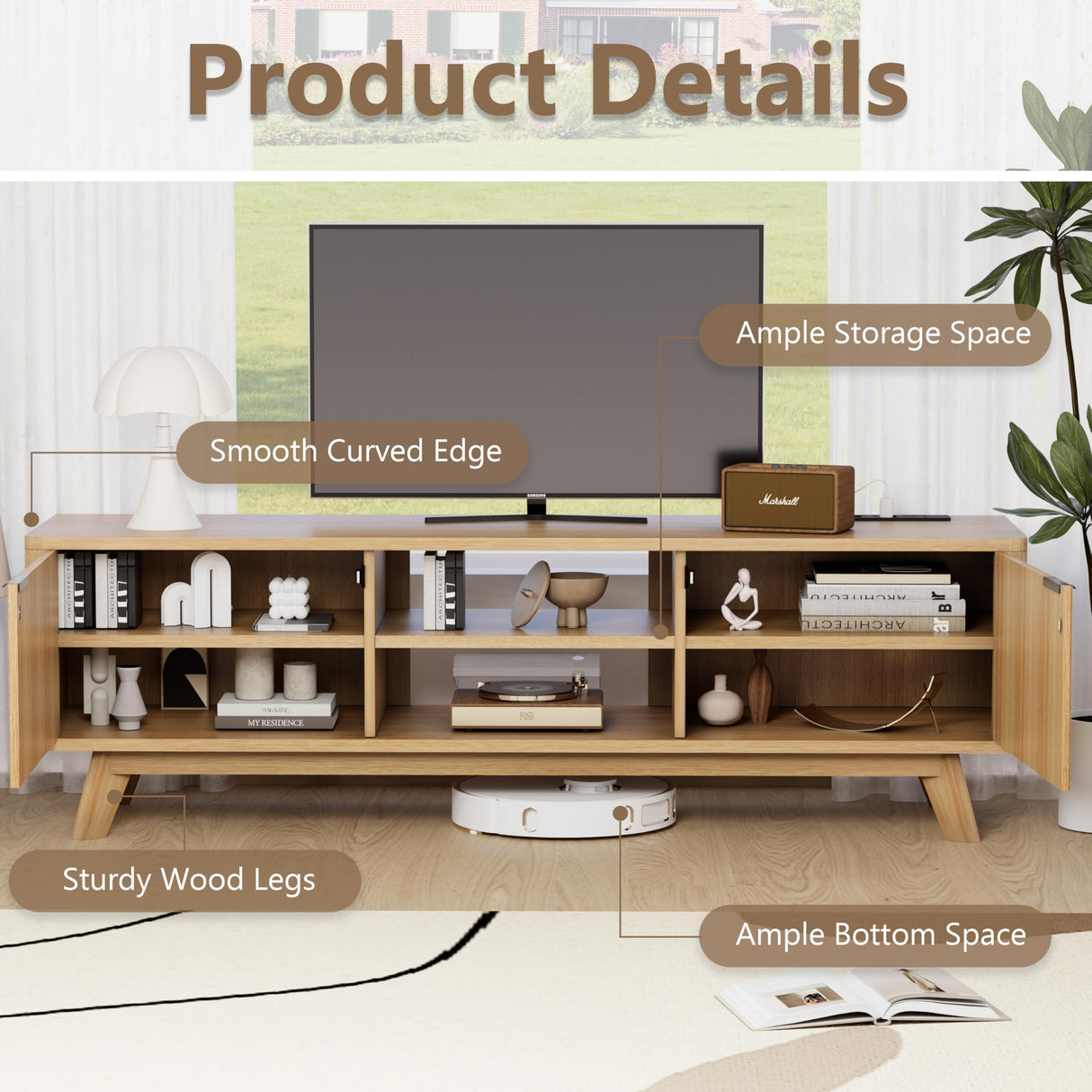 Royal Windsor Modern TV Stand for Living Room,Large TV Table with Fluted Door Cabinets and Open Shelves,Entertainment Center with Storage and TV Mount,Media Console Cabinet with Socket,Wood Grain Royal Windsor