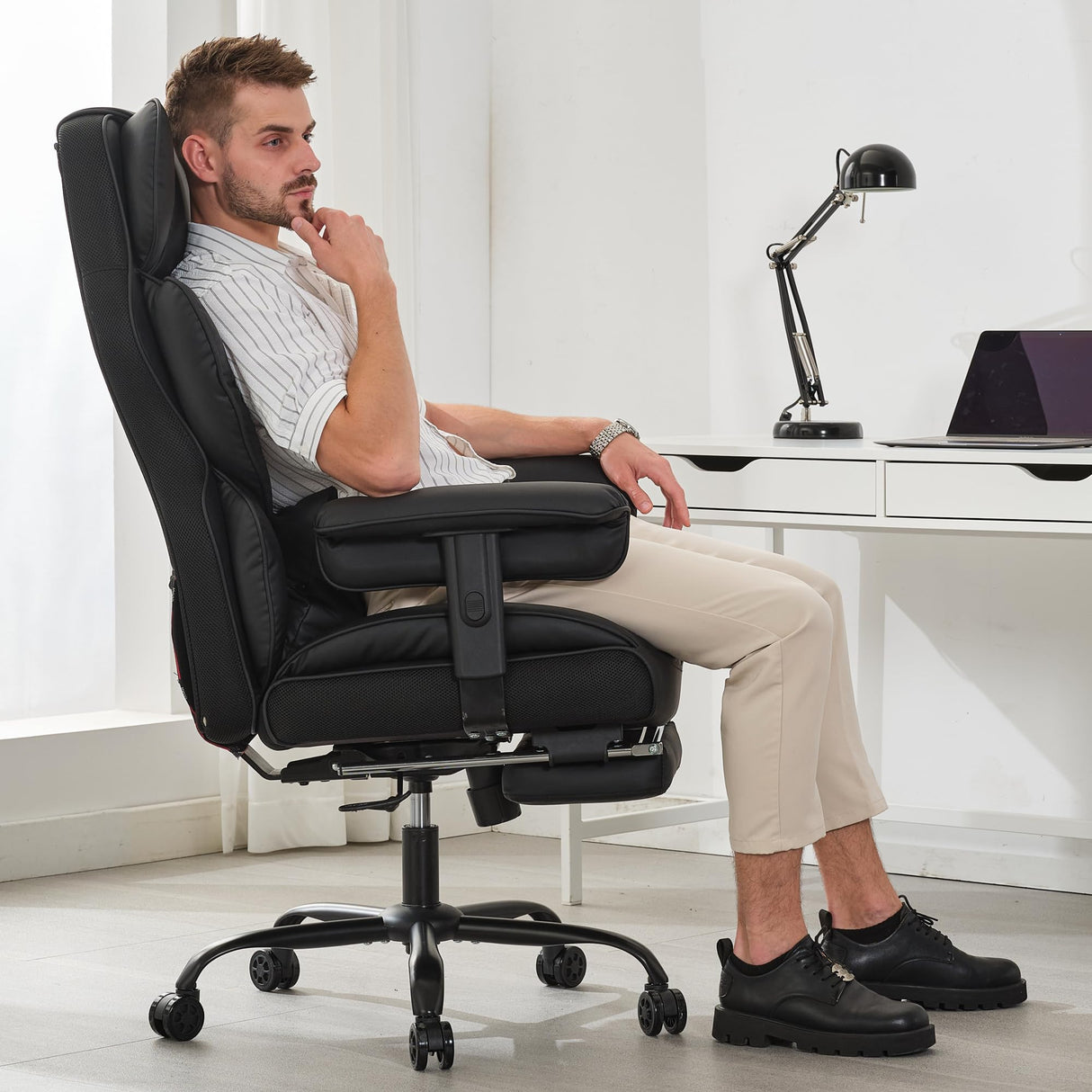 Gzagdecr Big and Tall Office Chair 400lbs,PU Leather High Back Gaming Chair with Foot Rest, Reclining Chair Executive Ergonomic Office Chair Lumbar Support Computer Chair Adjustable Armrests (Black) Gzagdecr