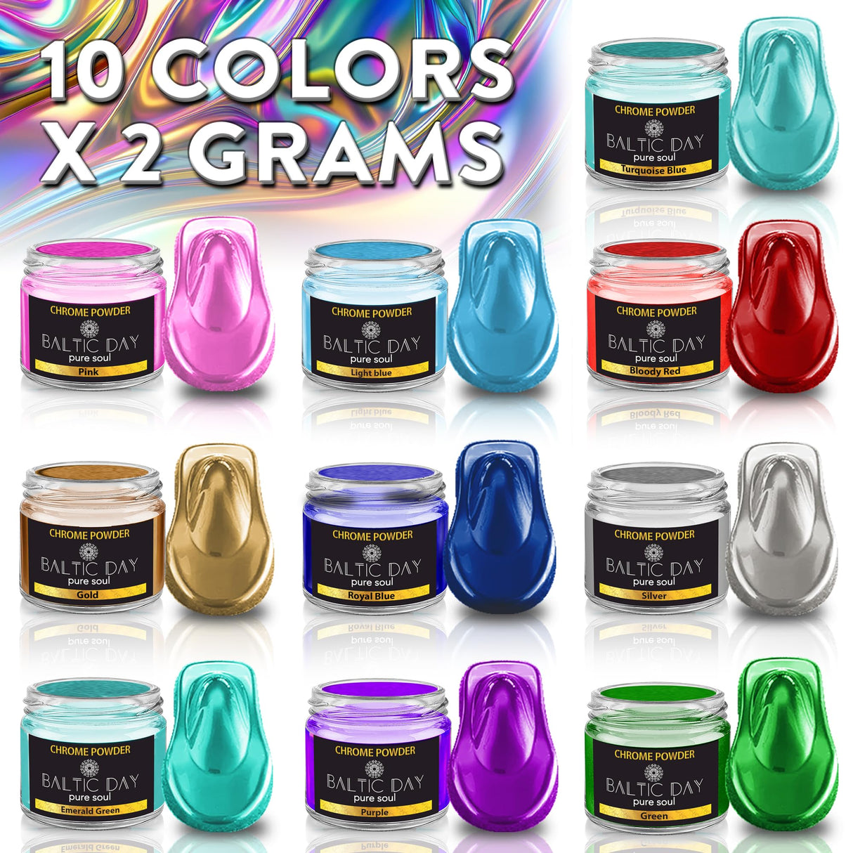 BALTIC DAY Chrome Powder for Nails & Resin – 10 Colors Mirror Chrome Pigment, Holographic Mica Powder for Nail Art, Epoxy, Tumblers, Slime, Crafts – 2g Each Jar BALTIC DAY