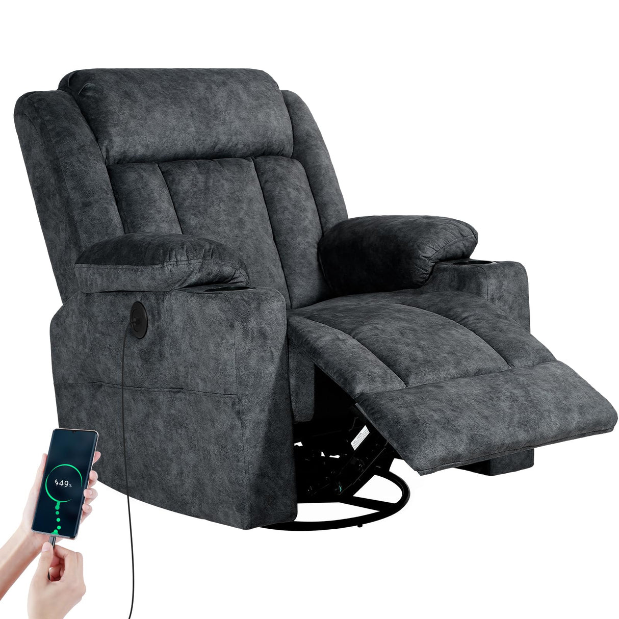 LAFWELL Retro Rocking Recliner Chair, Massage Rocker Recliner Chair with Vibration Massage and Heat, USB and Type-C Ports,360° Swivel Chairs,Living Room, Bedroom, Nursery, RV, Dark Grey LAFWELL