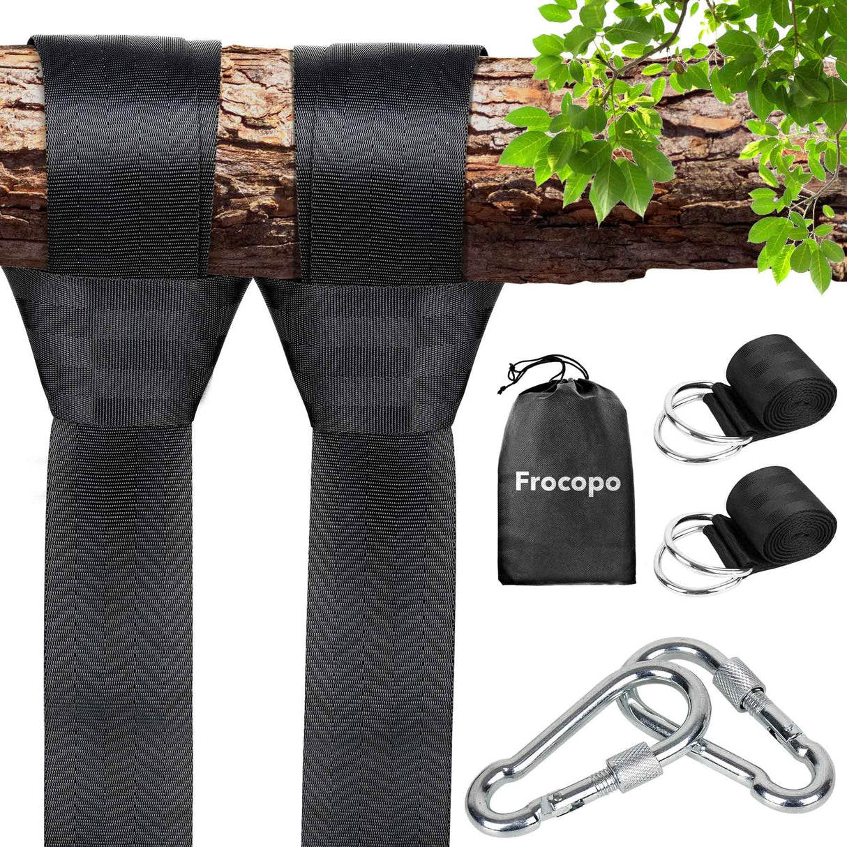 Frocopo Extra Long Tree Swing Kit, 5FT Premium Nylon Straps Hold 2200LBS, Safety Lock Carabiners, Hammock Hanging Strap Quick & Easy Installation Frocopo