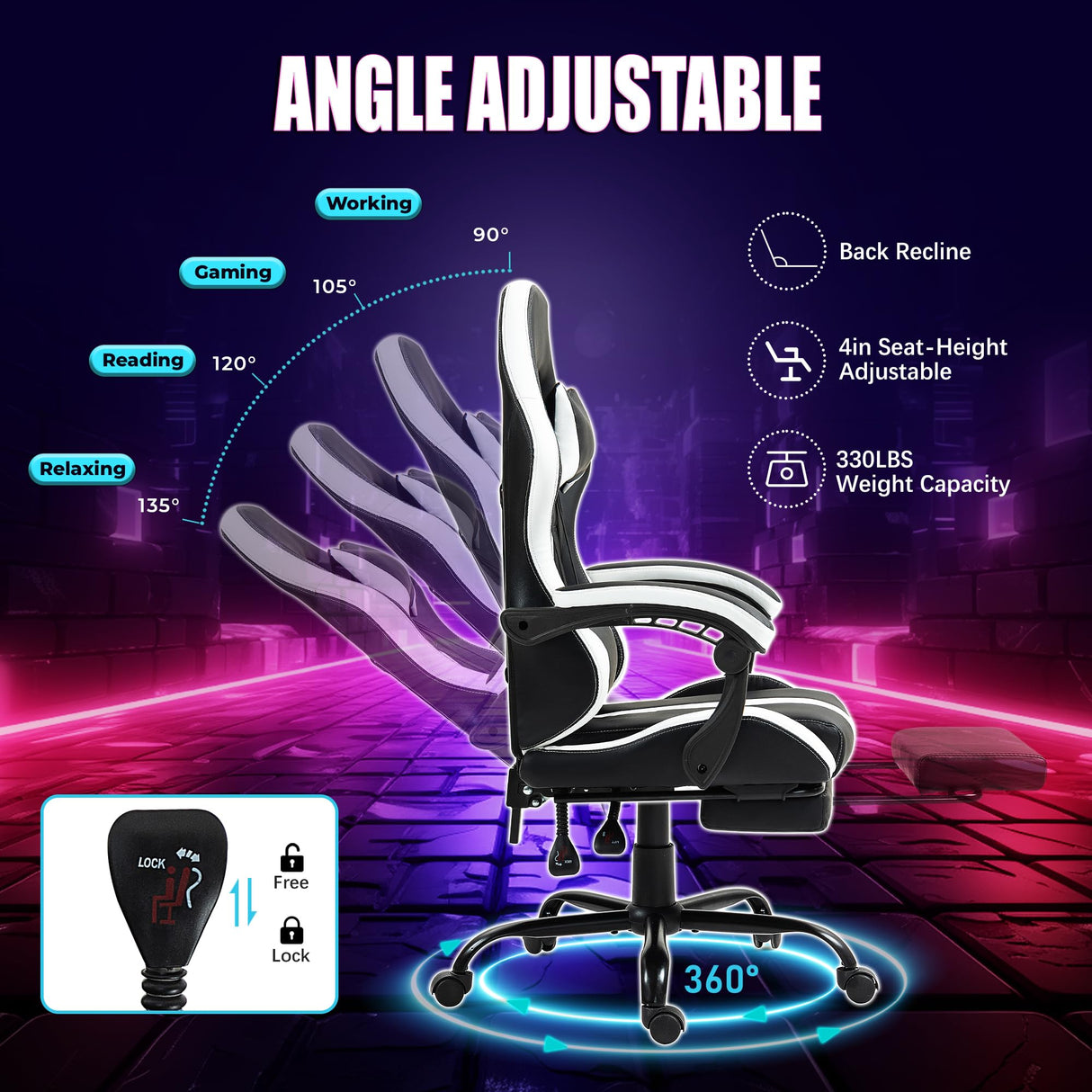 HOMHUM Massage Gaming Chair with Footrest, Ergonomic PU Leather Computer Chair w/Headrest and Lumbar, Height Adjustable, 360° Swivel Desk Office Chair, White HOMHUM