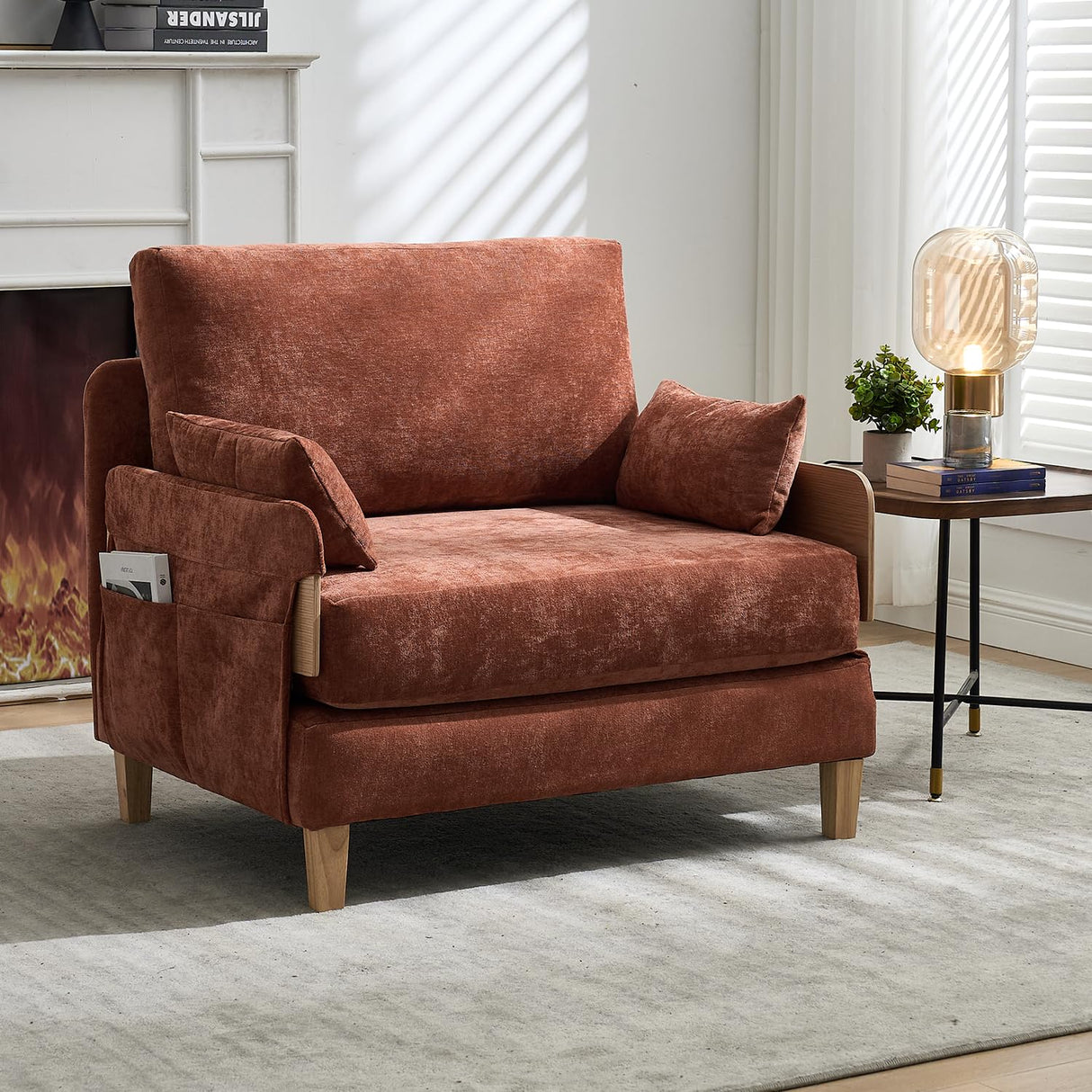 Lin-Utrend Convertible Sofa Bed with Wooden Arms,Convertable Single Sofa Futon Chair for Small Spaces,Foldable Sleeper Chair Bed for Living Room, Bedroom,Office (Orange) Lin-Utrend