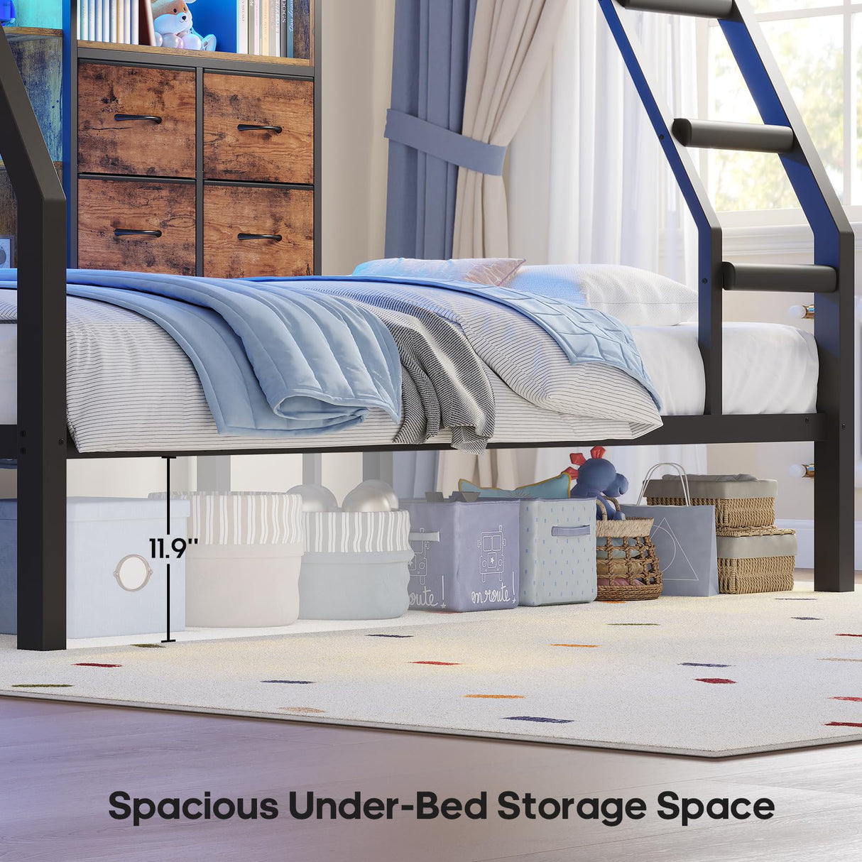 BTHFST Bunk Bed Twin Over Twin with 4 Storage Drawers & Shelves & Bedside Caddy, Twin Bunk Beds with Led Lights & Charging Station, Metal Bunk Bed with Angled Ladder & Safety Guardrail, Rustic Brown BTHFST