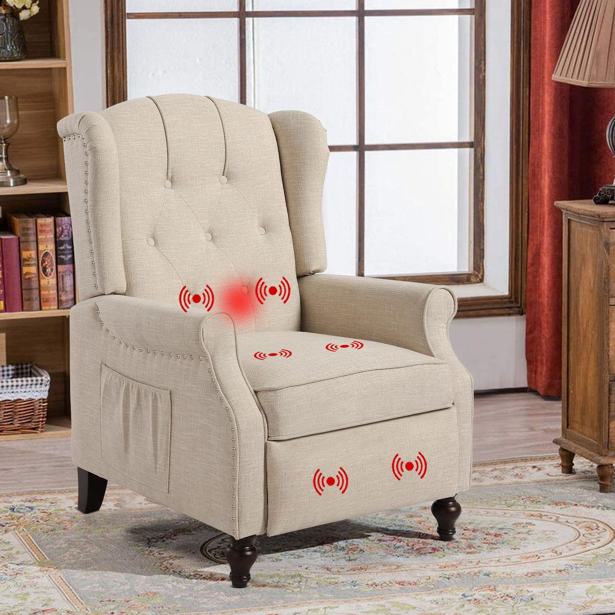 Mid-Century Wingback Recliner Chair with Massage & Heat, Accent Recliner with Nailhead Trim, Armchair with Side Pockets & Solid Wood Legs, Adjustable 3-Position Reclining Chair for Living Room, Beige GUEAPY