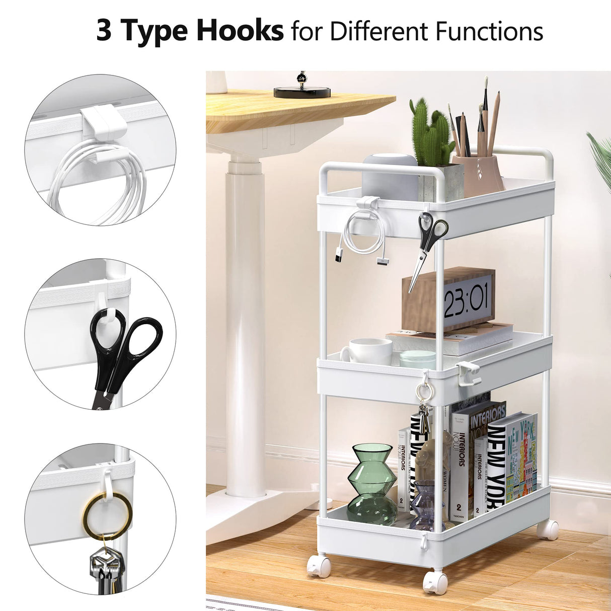 SOLEJAZZ Rolling Storage Cart, 3 Tier Utility Cart Mobile Slide Out Organizer, Bathroom Standing Rack Shelving Unit Organizer for Kitchen, Bathroom, Laundry Room, White SOLEJAZZ