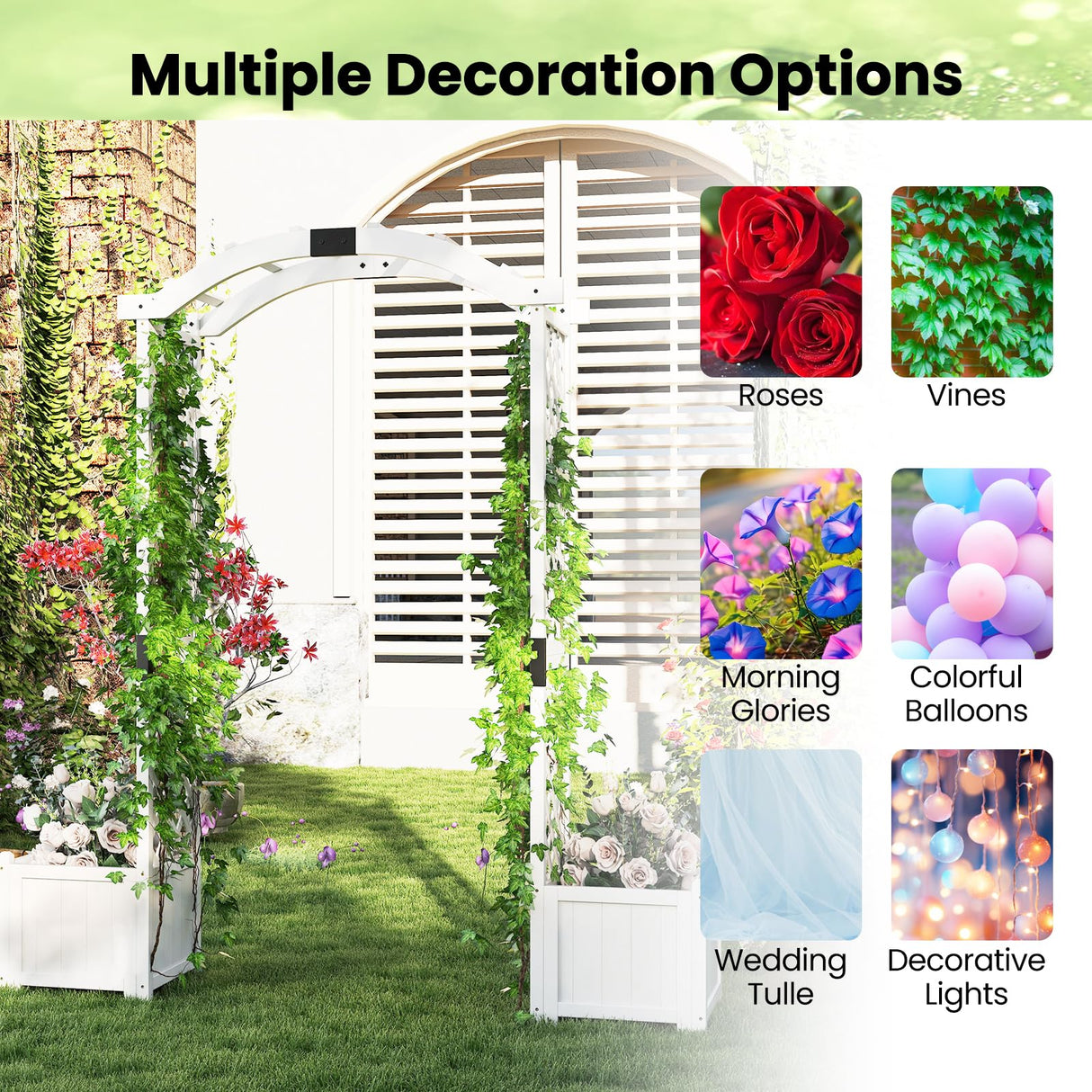 Happygrill Garden Arbor with Planter Boxes, Outdoor Wedding Arch with Trellis for Climbing Plants Vine Vegetables Herbs, Wooden Arbor Archway for Ceremony, Party (White) HAPPYGRILL