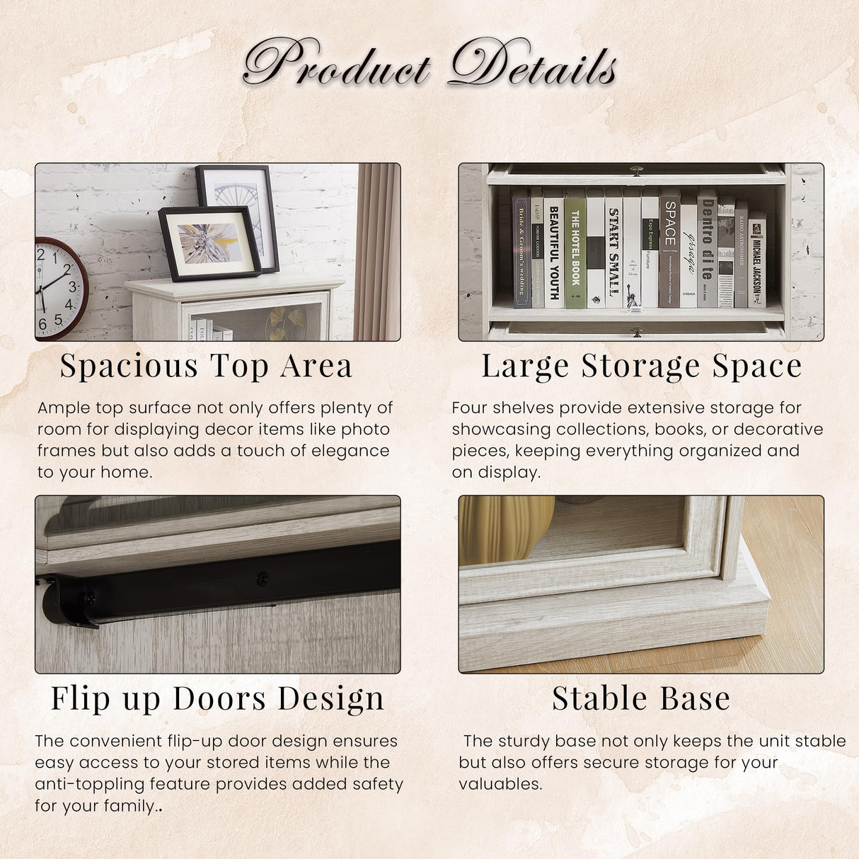 Eyisean Farmhouse Glass Bookshelf Collectors, 63''H Elegant Display Cabinet with 4-Tier Flip-Up Tempered Glass Doors, Tall Curio Cabinet for Collectors and Display, Rack for Living Room Storage(White) Eyisean