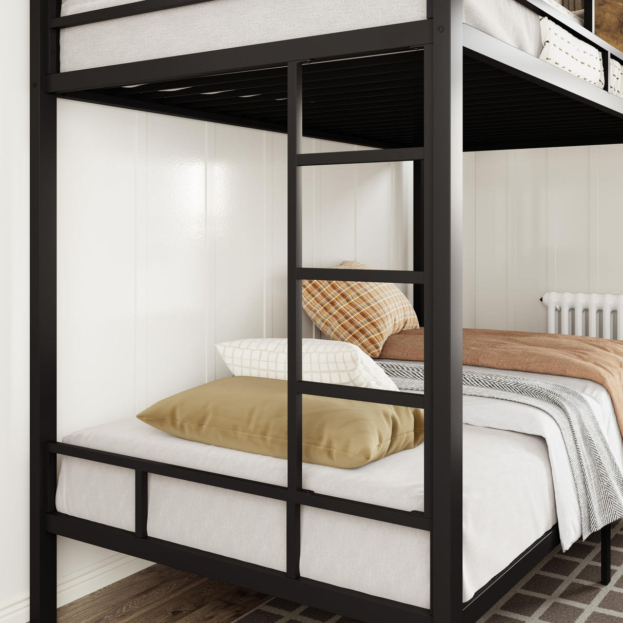 Allewie Black Twin Over Twin Bunk Bed with Rustic Wood Accents and Sturdy Metal Frame Allewie