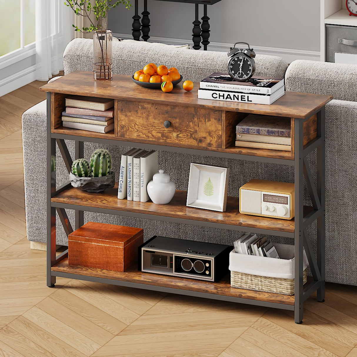 Mexin 39 Inch Console Sofa Table with Drawer, Entryway Table with Storage Shelves, Industrial Wood Hallway Table for Living Room Couch Foyer Kitchen Counter, Rustic Brown Mexin