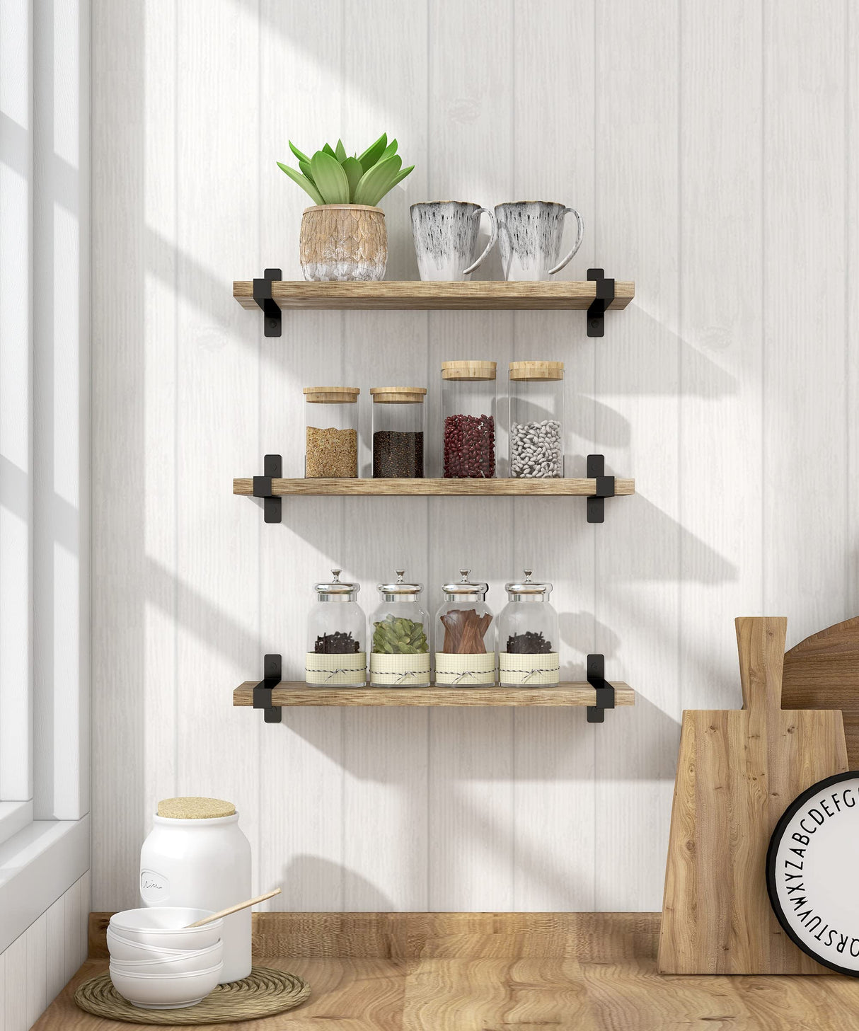Sapowerntus Wood Floating Shelves Bathroom Wall Mounted, Small Light Rustic Farmhouse Narrow Shelf Storage, Bedroom Living Room Kitchen Office Display Decor with U Metal Brackets Set of 3 Sapowerntus