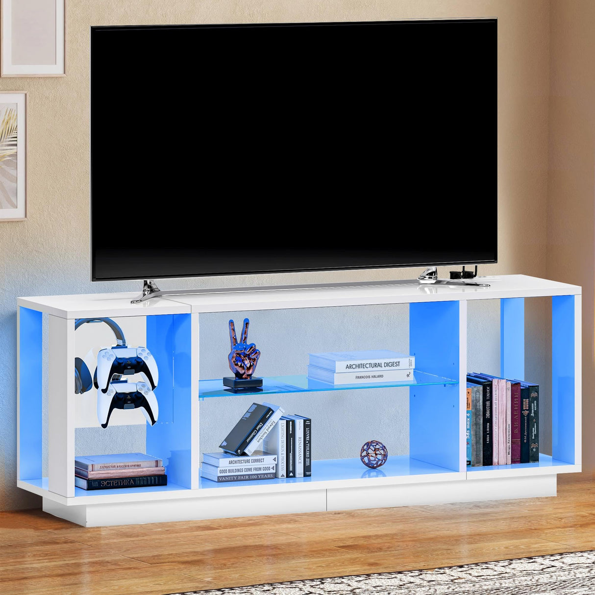 SogesPower LED TV Stand for 55/60/65” TVs,LED Entertainment Center with Charging Station and Adjustable Glass Shelves,TV Stand with Lights for Bedroom Living Room,Media TV Console with Storage,White SogesPower