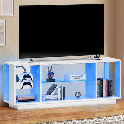 SogesPower LED TV Stand for 55/60/65” TVs,LED Entertainment Center with Charging Station and Adjustable Glass Shelves,TV Stand with Lights for Bedroom Living Room,Media TV Console with Storage,White