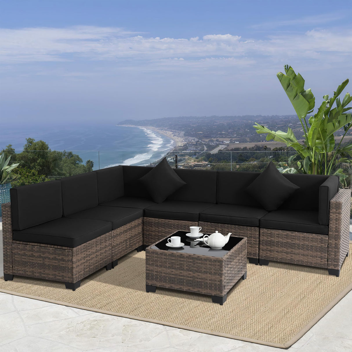 KIGOTY 7 Pieces Modular Outdoor Sectional Sofa, Wicker Patio Conversation Set, All-Weather PE Rattan Sectional Sofa with Cushions and Glass Coffee Table (Black Cushions, Brown Rattan) KIGOTY