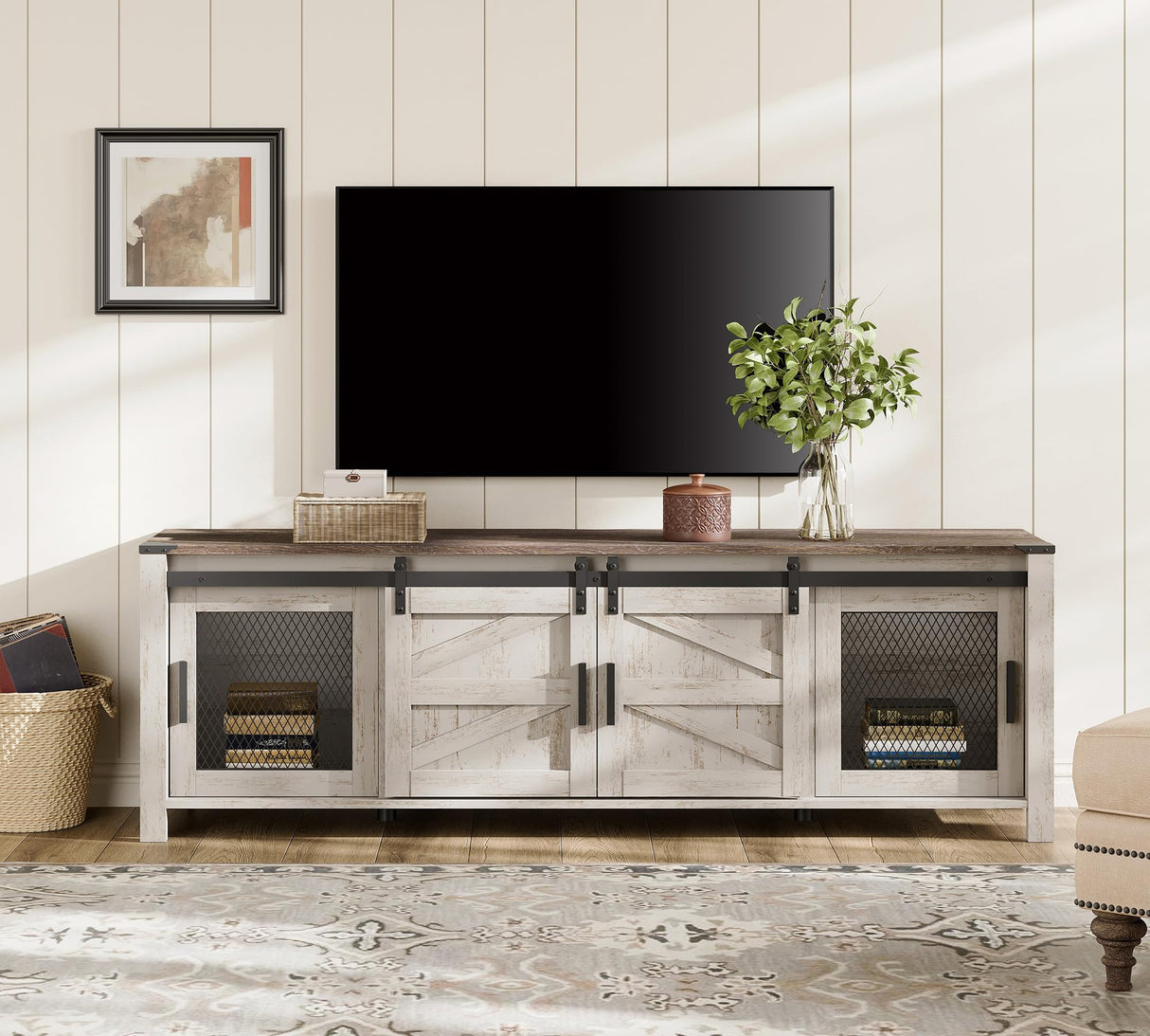WAMPAT Farmhouse TV Stand for ups to 75 inch TV, Wooden Entertainment Center with Mesh Barn Doors, Media Console with Storage Shelf for Living Room Bedroom, Rustic Oak and White WAMPAT