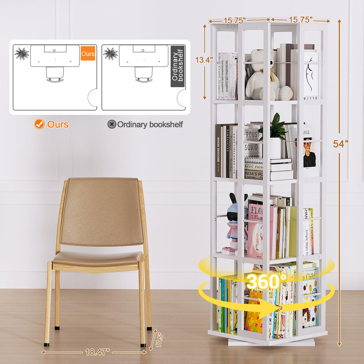 Besiost 360° Rotating Corner Bookshelf – Compact White 4-Tier Storage Rack for Small Spaces Besiost