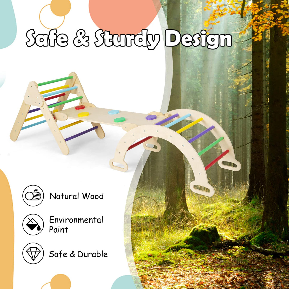 Olakids Climbing Toys for Toddlers 1-3 Inside, 5 in 1 Wood Foldable Pikler Triangle Set with Ramp Ladder Arch Slide, Baby Indoor Playground Jungle Gym Montessori Climbing Set for Kids Olakids