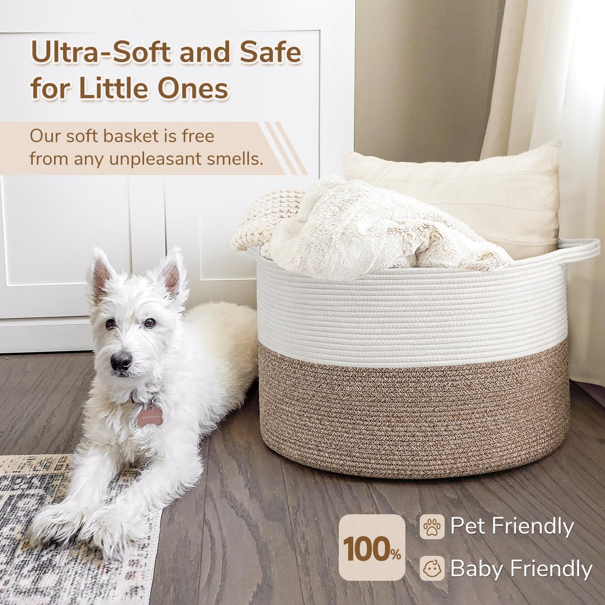 INDRESSME XXXLarge Cotton Rope Basket 21.7" x 21.7" x 13.8" Woven Baby Laundry Blanket Basket Toy Baskets with Handle Storage Comforter Cushions Thread Laundry Hamper INDRESSME