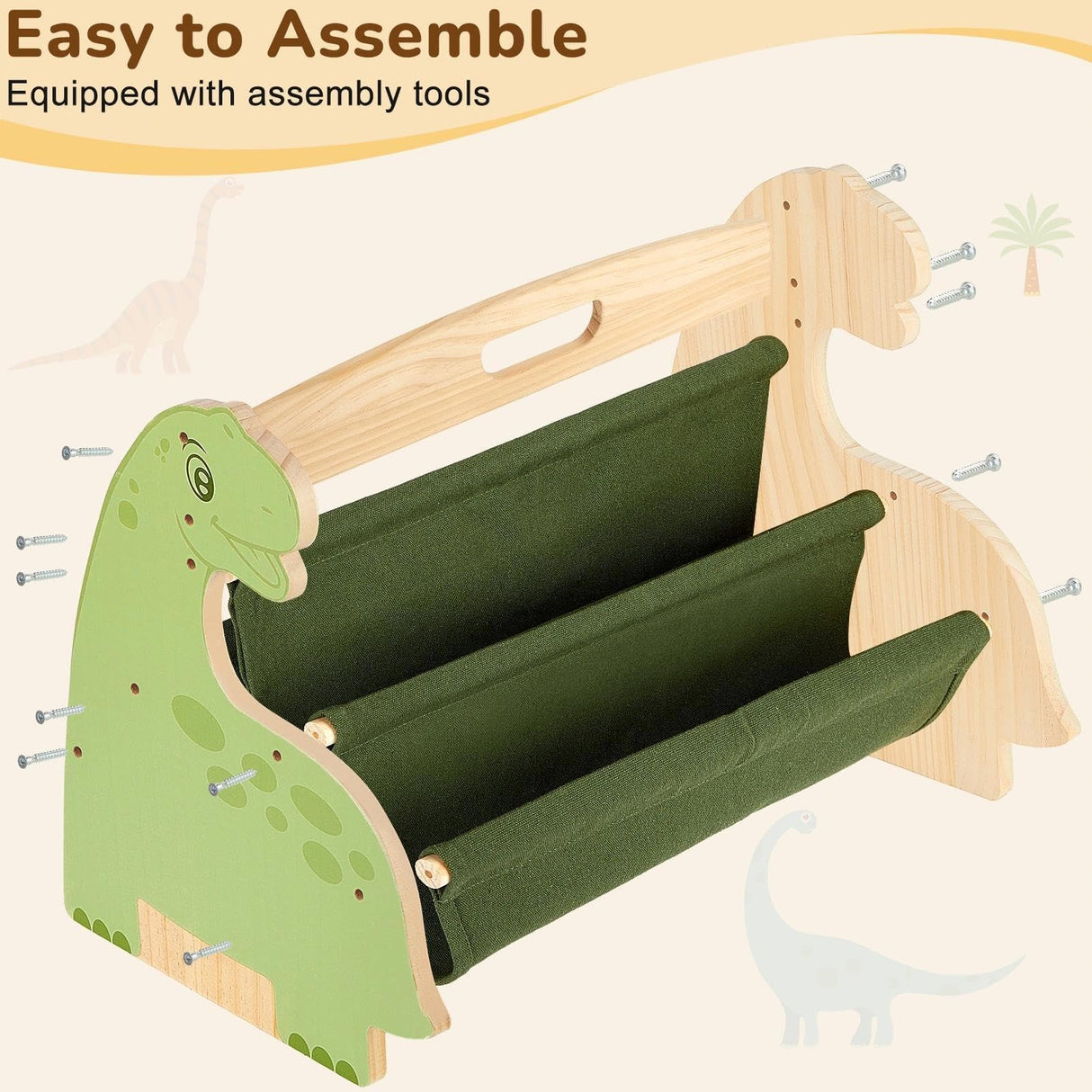 SheSeek Toddler Bookshelf Double-Sided with 4 Tier Deep Sleeves Kids Wooden Montessori Book Rack for Baby Nursery Room, Playroom, Classroom or Bedroom Bookcase Storage Organizer, Green Dinosaur SheSeek