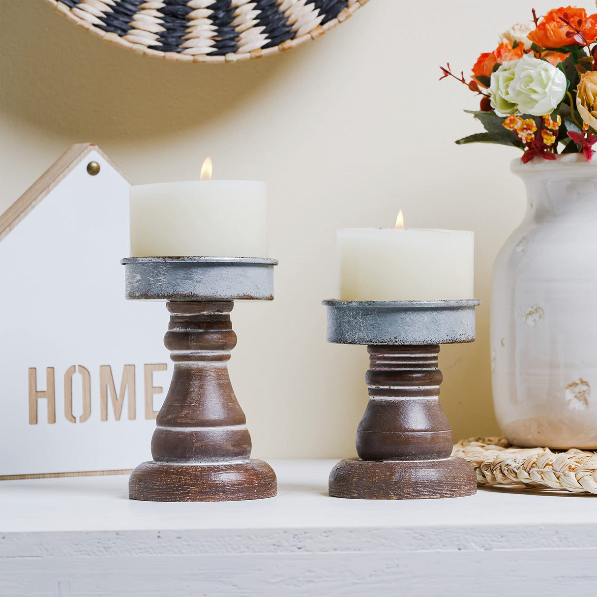 GenMous&Co. Decorative Candle Holders Pedestal Rustic Wood for Pillar Candle Farmhouse Candlestick Holder Galvanized Plate for Mantel, Dining Table, Centerpiece,Coffee Bar,Set of 2(Brown GENMOUS & CO.