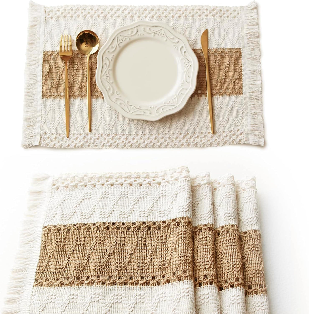 FEXIA Boho Placemats Set of 4, Macrame Table Decor Farmhouse Style Placemats in Natural Cotton Burlap, for Kitchen and Dining Table Centerpiece Home Decorations FEXIA