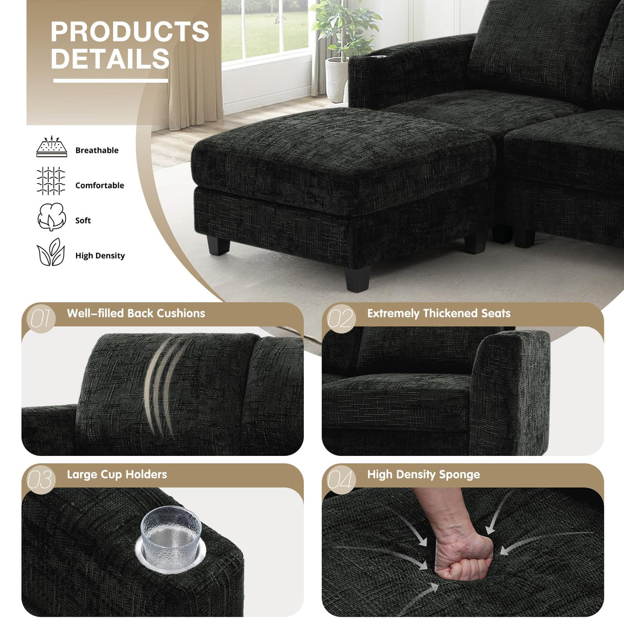 Lesofair 110" Chenille Sectional Sofa with Movable Ottomans, Modular U-Shape Couch with Cup Holders, Convertible 4 Seater Sofa with Well-Filled Backrest Cushions for Living Room, House, Black Lesofair