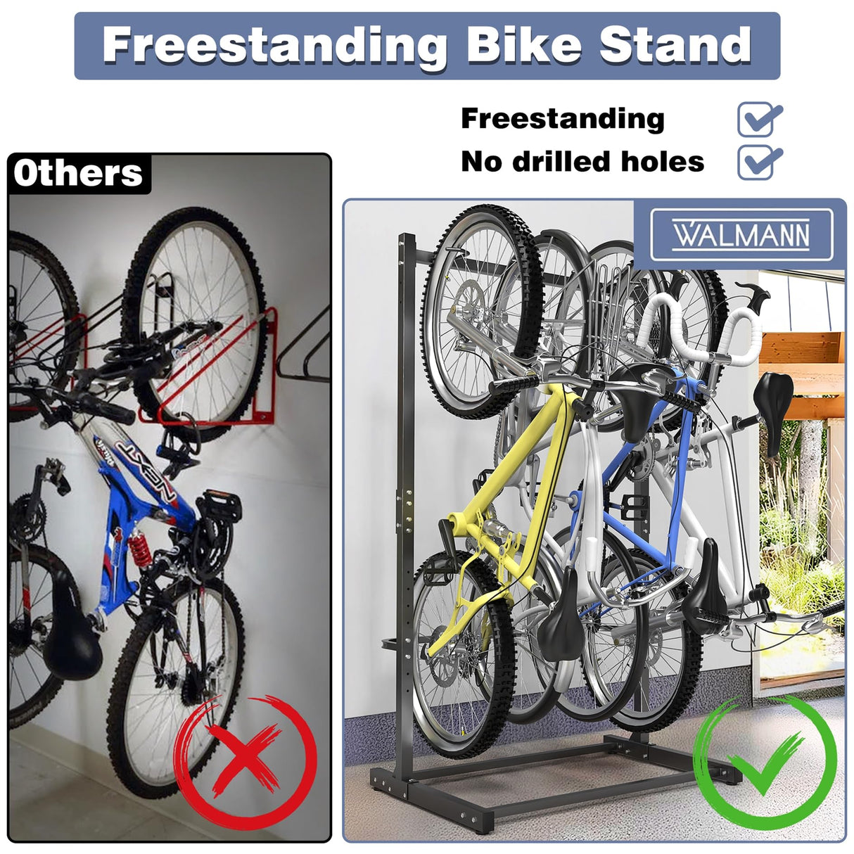 WALMANN Freestanding Bike Stand for Garage, 4 Bikes Vertical Bike Storage Stand Heavy Duty Bike Floor Stand WALMANN