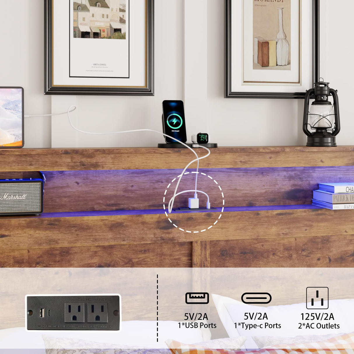 FSTAR King Size Wooden Bed Frame with Headboard, Farmhouse Bedframe with Charging Station & Led Lights, Heavy Duty Metal Slats, Noise Free, No Box Spring Needed, Dark Brown FSTAR