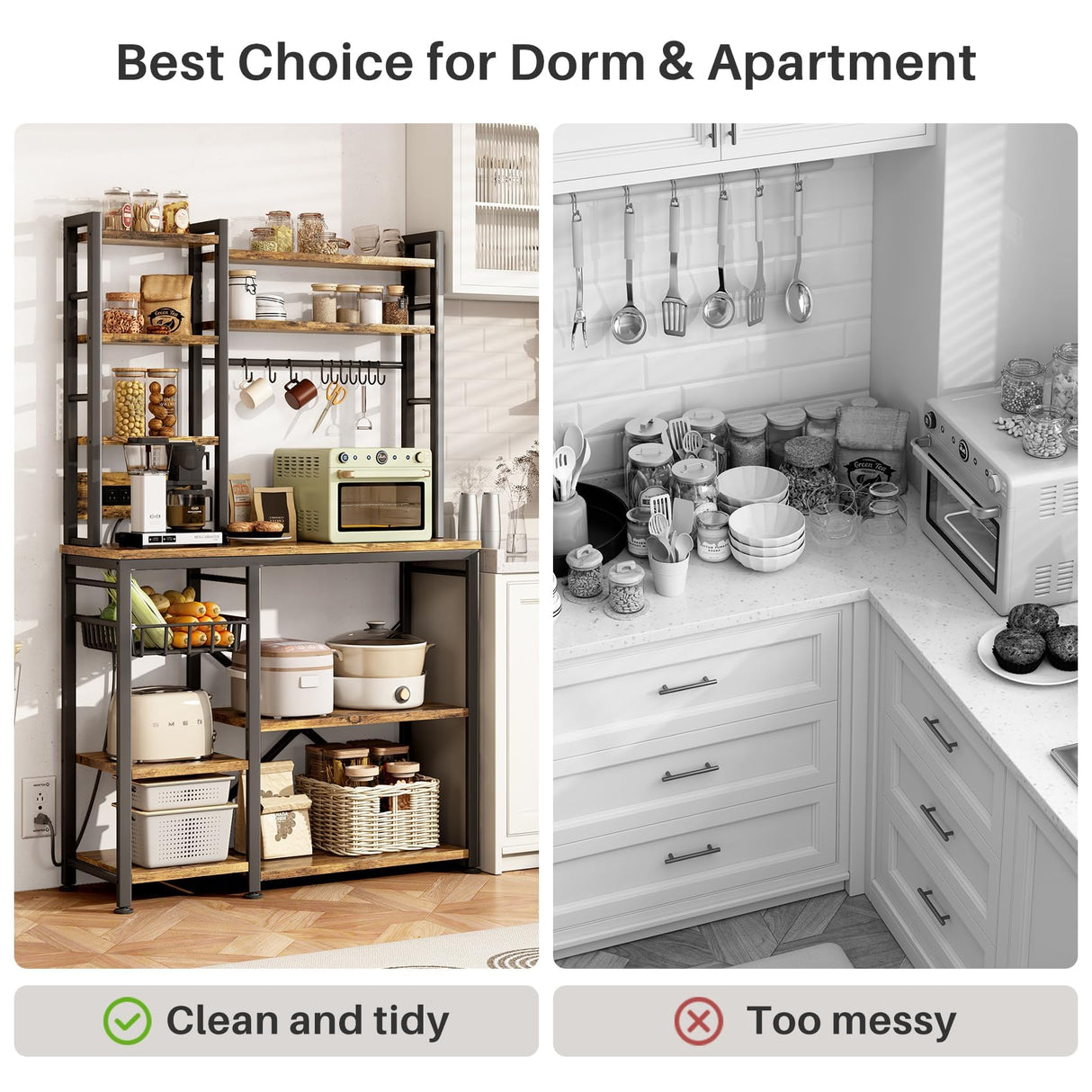 Baker Rack with Power Outlet - Large Microwave Stand with Storage, Kitchen Coffee Bar Station, Rustic Brown and Black, 14.5" D x 36" W x 72" H SAYZH