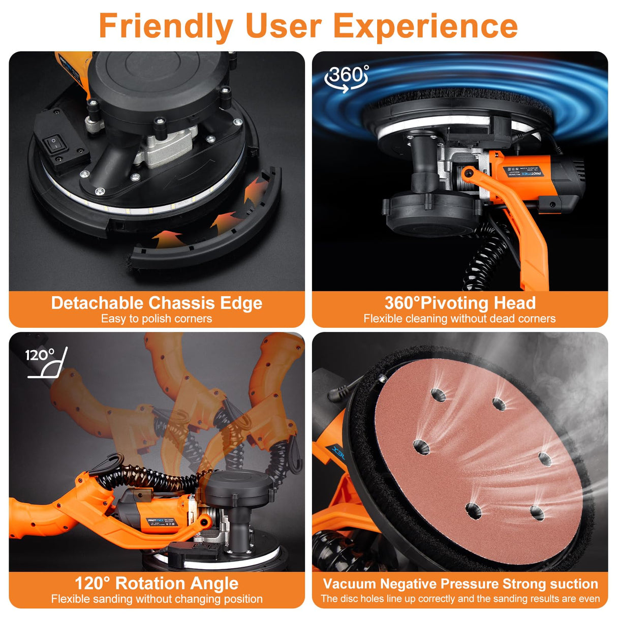 Drywall Sander, 1000W Popcorn Ceiling Removal Tool, Automatic Drywall Sander with Vacuum Dust Collection, LED Light, 6 Variable Speed 800-2200RPM,15Pcs Sanding Discs, Foldable & Extendable Handle Protmex