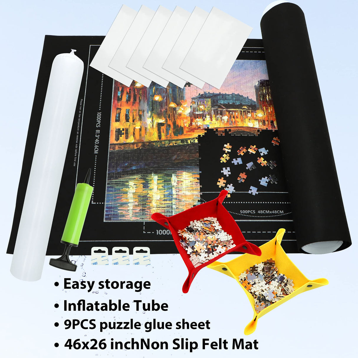 Portable Puzzle Mat Roll Up - with 9 Glue Sheets, Sorting Trays, Hand Pump, Inflatable Tube, and Storage Bag - Perfect for Kids and Adults (Black, 1500pcs) FELIZROCA