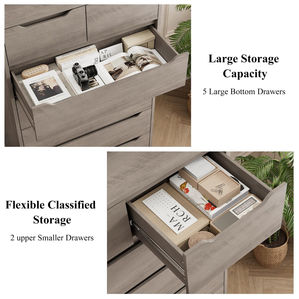 HITHOS 51" Tall 7 Drawers Dresser, Modern Grey Dresser, Wood Dressers & Chests of Drawers with Cut-Out Handles, Upright Drawer Chest, Accent Vertical Dressers Storage Cabinet for Living Room, Ash Gray HITHOS