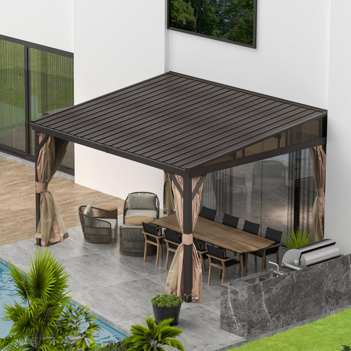 Domi 12' x 14' Lean to Gazebo with Aluminum Frame, Wall Mounted Gazebo Hardtop Galvanized Steel Sloping Roof with Curtains and Netting for Patio Deck Backyard Lawn Party domi outdoor living