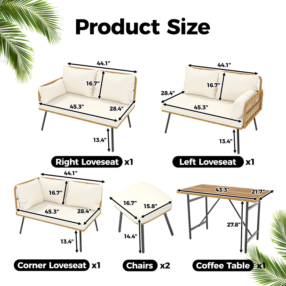 Senfot 6 Pieces Outdoor Patio Furniture Set with Table, All-Weather Boho Wicker Rattan Patio Sectional L-Shaped Sofa, Metal Frame, Detachable Cushions, for Patio, Balcony, Backyard, Deck, Beige Senfot