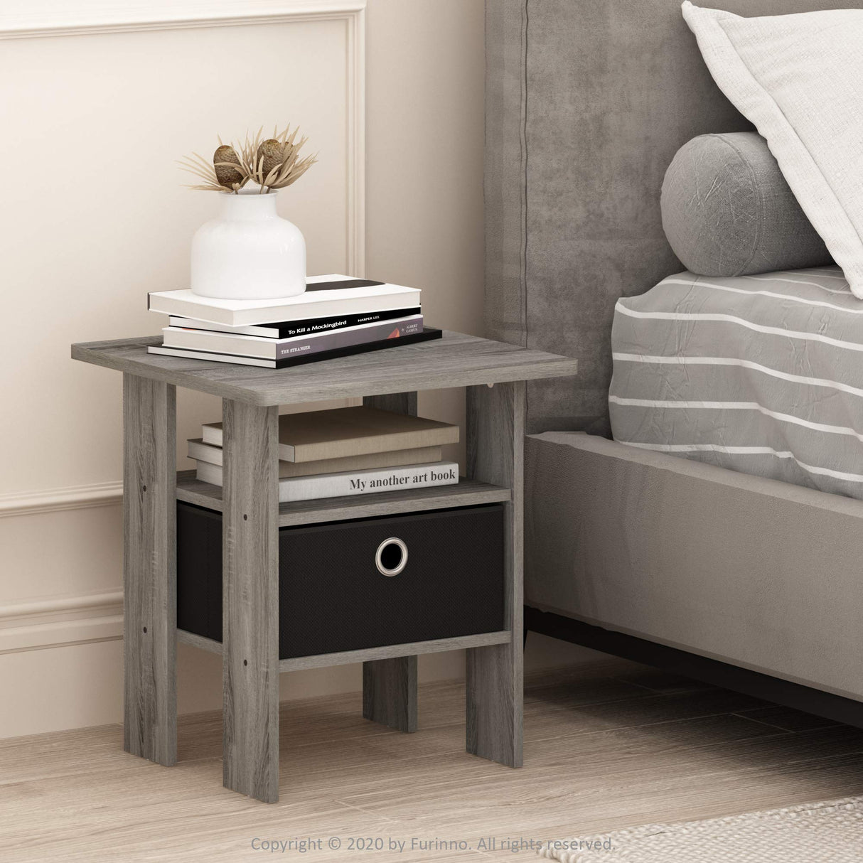 Furinno Andrey Set of 2 End Table / Side Table / Night Stand / Bedside Table with Bin Drawer, French Oak Grey Furinno