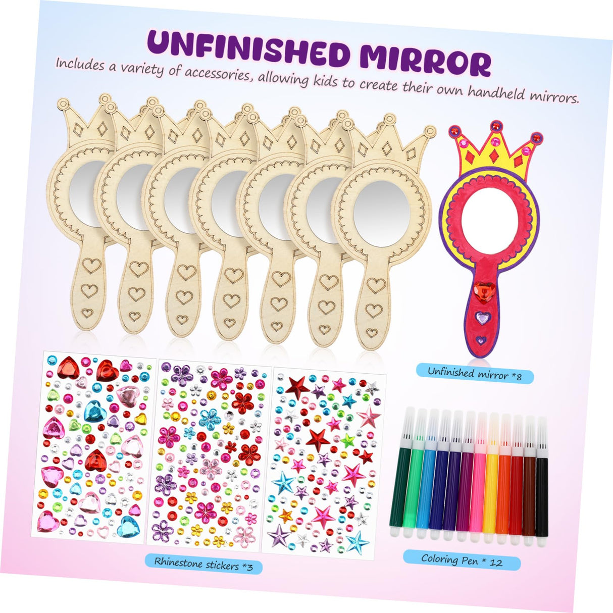 NUOBESTY 1Set Princess Mirror Craft Kit DIY Handheld Mirror with Markers Rhinestone Stickers for Birthday Party Decorations Creative Play and Learning NUOBESTY