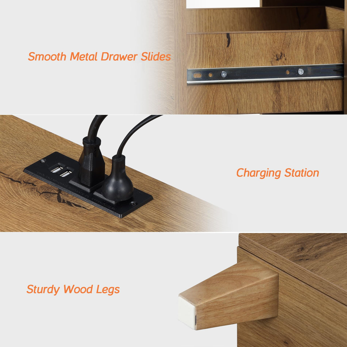 Set of 2 Nightstands with Charging Station &2 Drawers Storage Shelf, Modern End Tables Farmhouse Wood Bedside Table for Living Room and Bedroom,Oak Brown WAMPAT