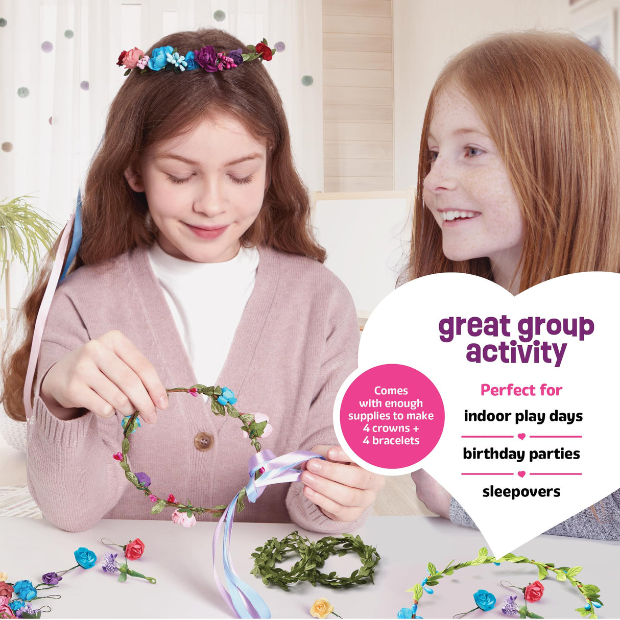 Pretty Me Flower Crown & Bracelet Making Kit for Kids - Crafts for Girls Ages 6-8 Years Old - Arts & Craft Birthday Gifts for Girl Age 6 to 10 Year Olds - Gift Art Activities DIY Hair Accessories Pretty Me