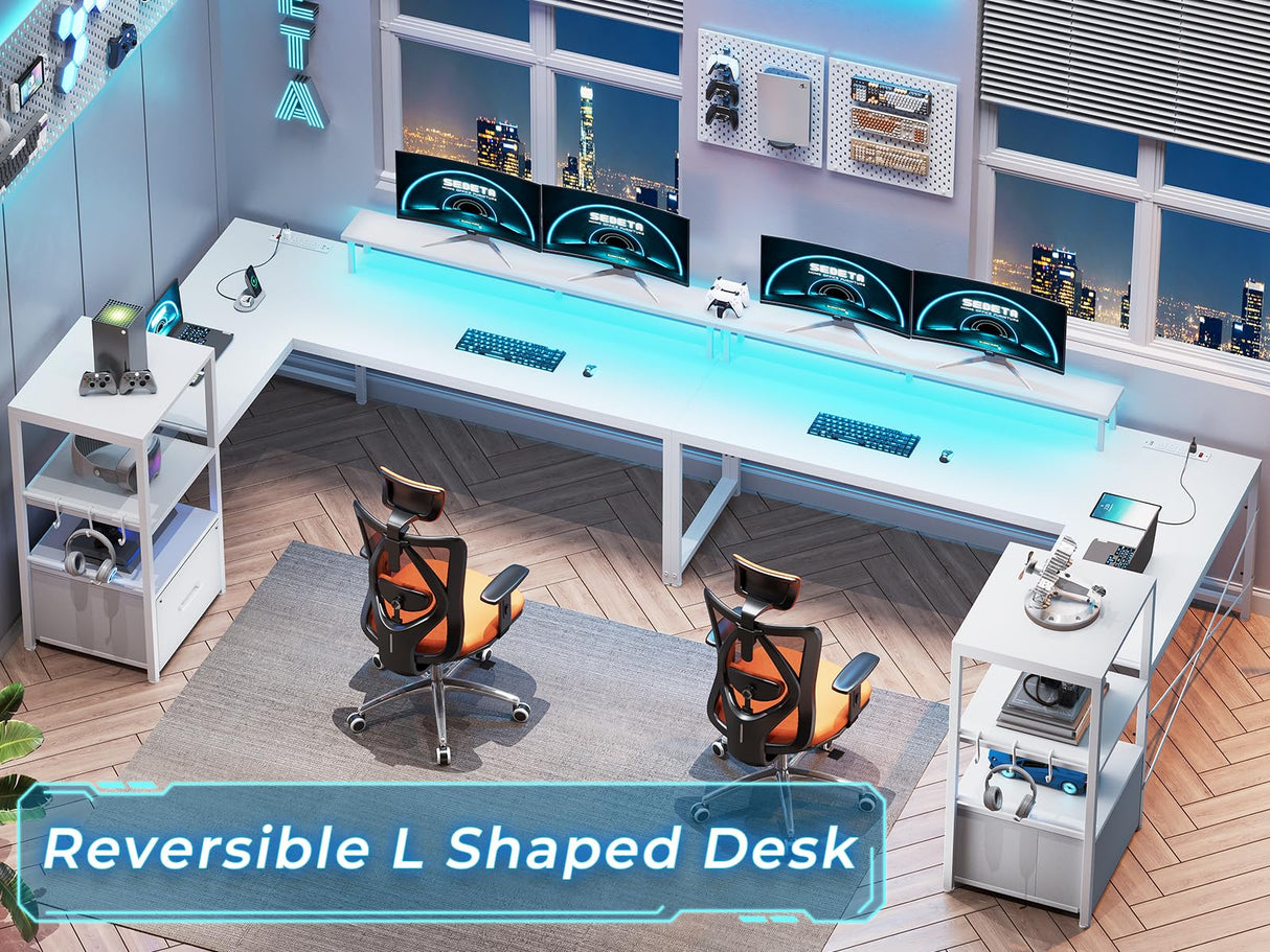 SEDETA White L Shaped Desk with Fabric Drawer, Reversible 51” Corner Desk with Storage Shelves, L Shaped Gaming Desk with LED Strip, Power Outlet and Monitor Shelf for Home Office SEDETA