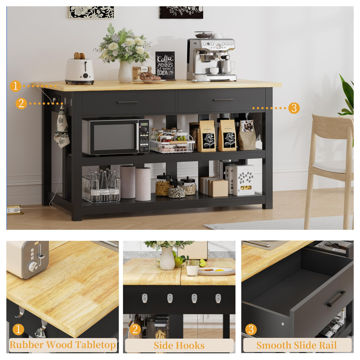 47.3" Solid Rubberwood Kitchen Island with Power Outlets - Extra Large Work Surface, 2 Drawers & Open Shelves Storage Cabinet for Kitchen Dining Room, Farmhouse Style (Black) DynJest