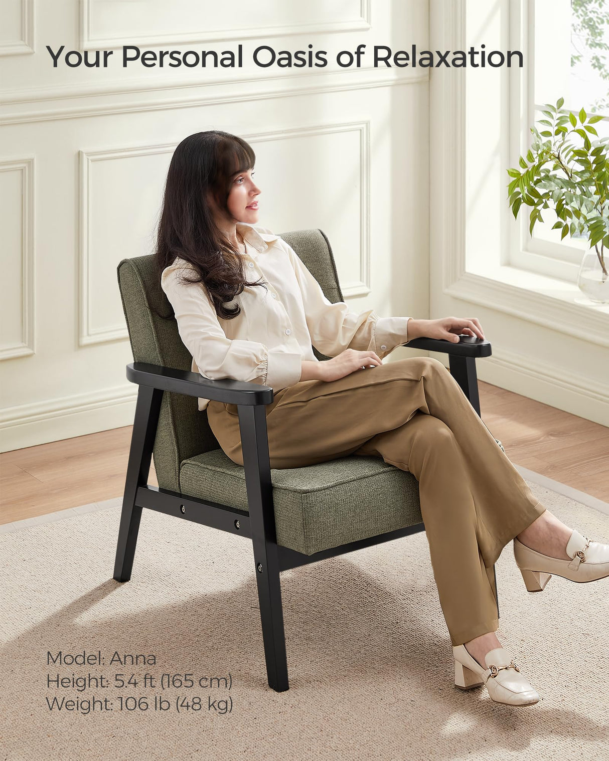 SONGMICS Accent Leisure Chair, Mid-Century Modern Arm Chair with Solid Wood Armrests and Legs, 1-Seat Cushioned Sofa for Living Room Bedroom Balcony Studio, Olive Green ULAC001C01 SONGMICS